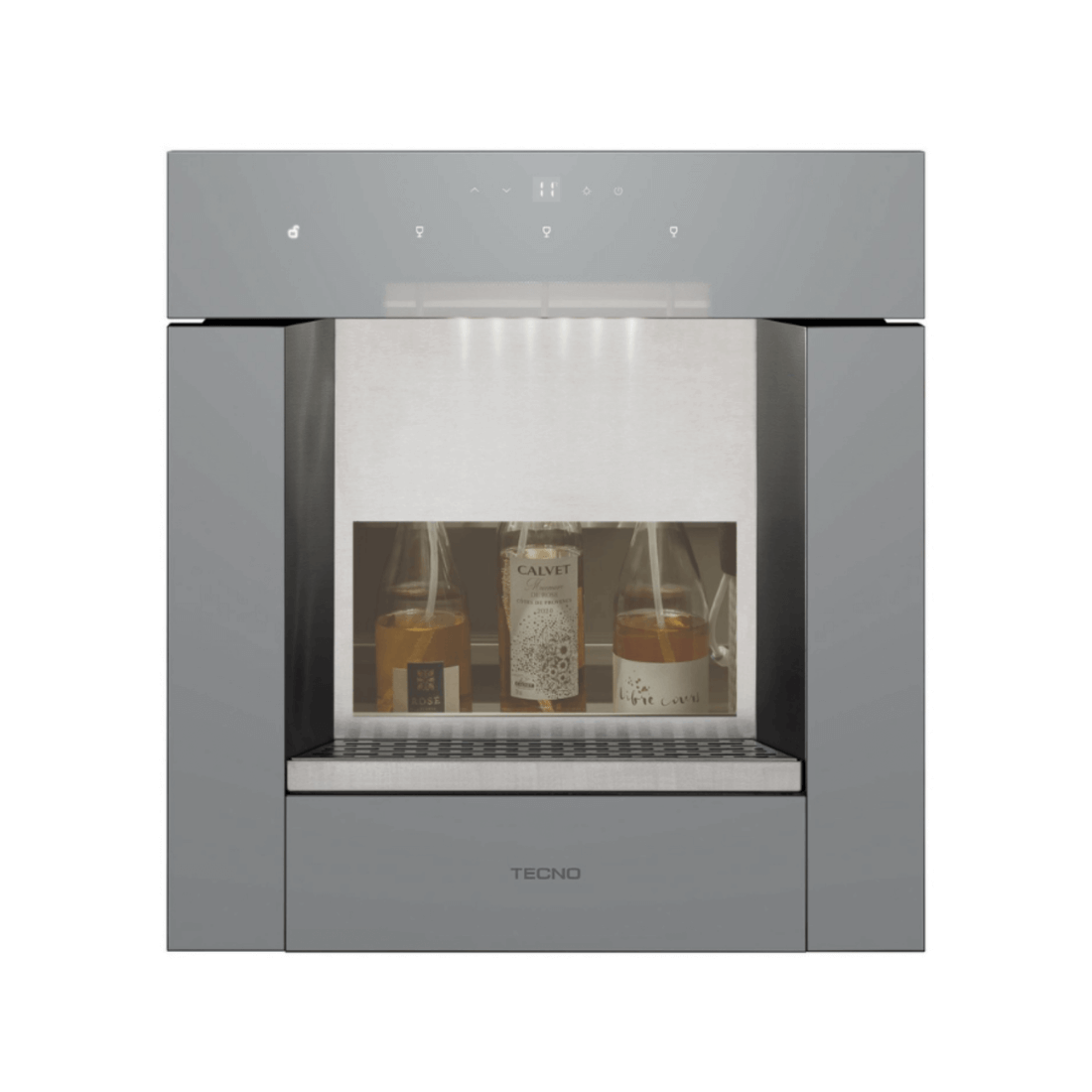 Dispenser de vinho e bebidas Tecno embutido, 3 garrafas, inox, com painel e iluminação.
